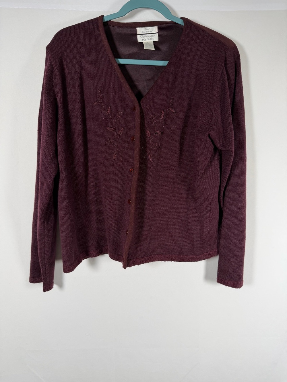 Women's Vintage Hand Embroidered Plum V-Neck Whimsigoth Cardigan Leaves Vines